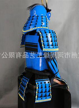 定制日本铠甲武士头盔甲胄当世具足蓝色牛角盔甲可穿戴模型厂家