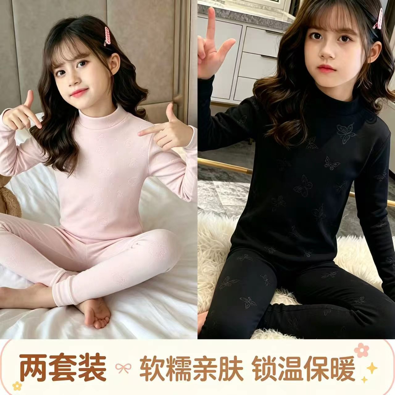 Autumn and winter children's German velvet home clothes autumn clothes and long pants two-piece set for boys and girls half turtleneck pajamas thermal underwear set