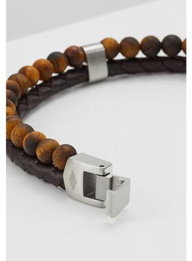 代购Fossil化石男士手链复古休闲简约时尚棕色皮革不锈钢装饰石