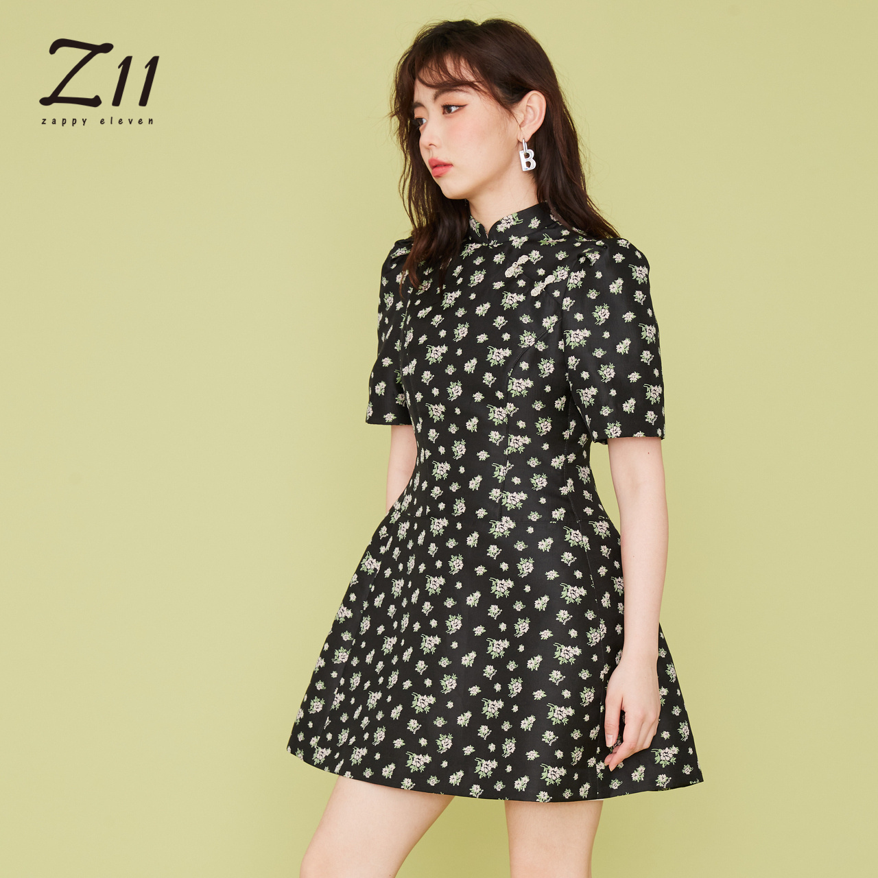 Z11女装国内专柜正品代购春季新款黑色碎花复古连衣裙Z22AH215-图0