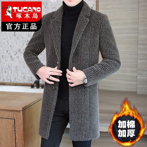 啄木鸟秋冬季加绒毛呢外套男中长款毛呢大衣男士风衣修身呢子外套 - 图1