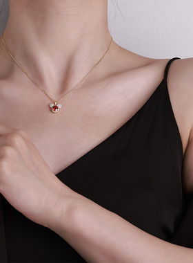 大福s925纯银红色莫桑钻米奇头轻奢可爱小众项链高级百搭设计毛衣