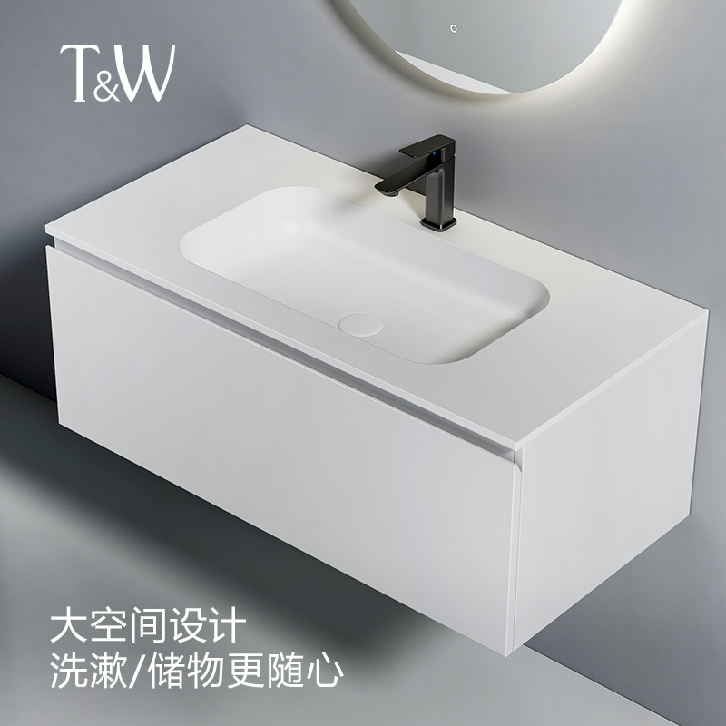 特拉维尔人造石极简家用LED镜浴室柜组合卫生间可丽耐一体洗手盆 - 图1