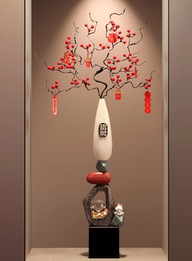 石来运转陶瓷花瓶迎客松入门玄关壁龛造景新中式竖高摆件客厅装饰