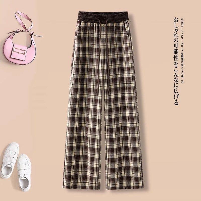 清仓捡漏2026春秋冬新款复古格子阔腿裤女拼接高腰休闲直筒运动裤,淘宝优惠券,粉丝福利购,淘宝优惠卷