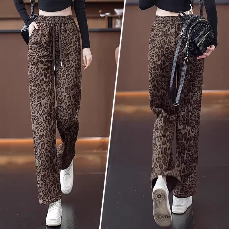 清仓捡漏豹纹休闲卫裤阔腿女裤秋冬款加绒加厚抽绳松紧腰直筒裤子,淘宝优惠券,粉丝福利购,淘宝优惠卷