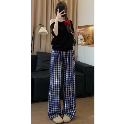 清仓捡漏赵露思同款复古蓝色格子阔腿裤女春秋休闲高腰宽松拖地裤,淘宝优惠券,粉丝福利购,淘宝优惠卷