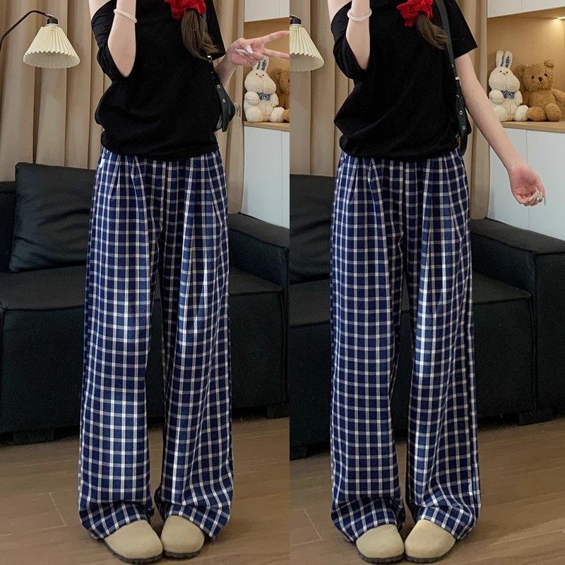 清仓捡漏赵露思同款复古蓝色格子阔腿裤女春秋休闲高腰宽松拖地裤,淘宝优惠券,粉丝福利购,淘宝优惠卷