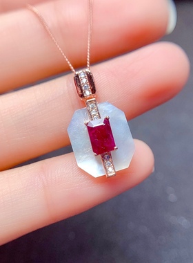 新款天然方形红宝石套装戒指耳钉项链 活口戒指日韩银饰生日礼物