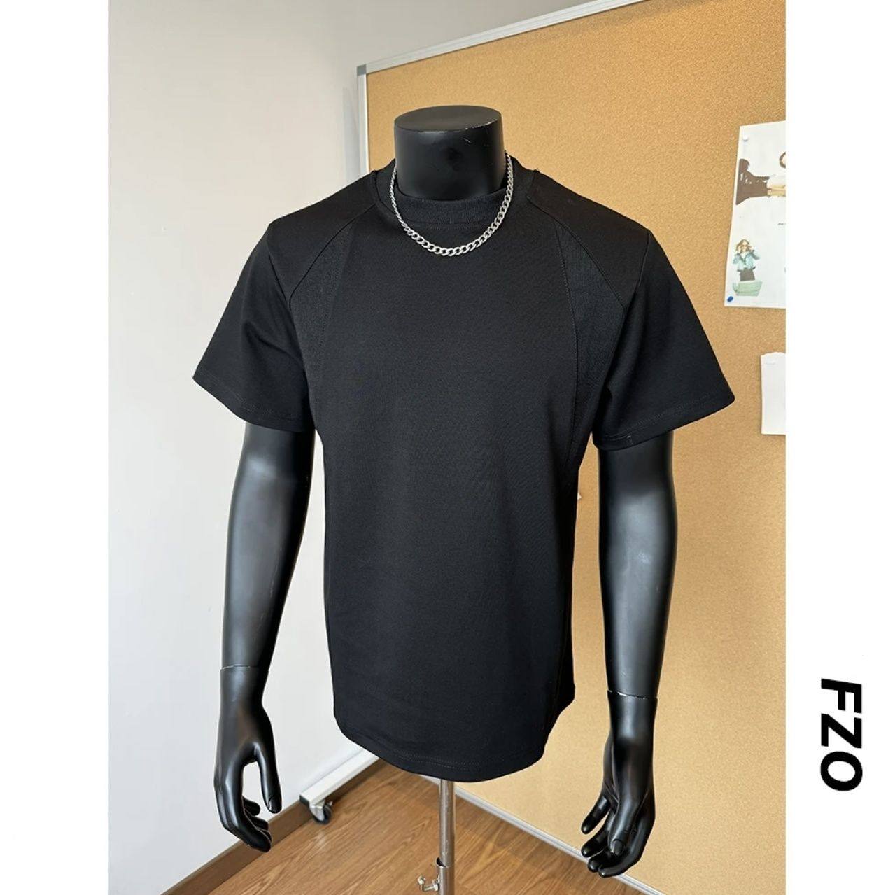 夏季重磅300G纯棉正肩男美式复古小领口螺纹拼接短袖T恤百搭,淘宝优惠券,粉丝福利购,淘宝优惠卷