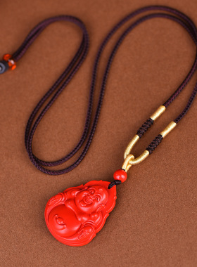 原矿朱砂元宝大肚佛精美绳吊坠高含量帝王红砂护身符吊坠项链批发