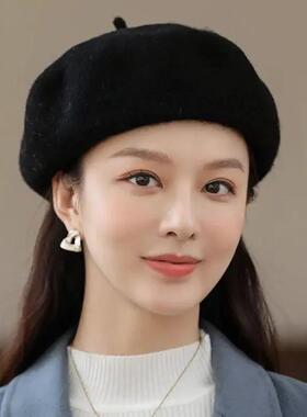 羊毛帽子女款贝雷帽秋冬