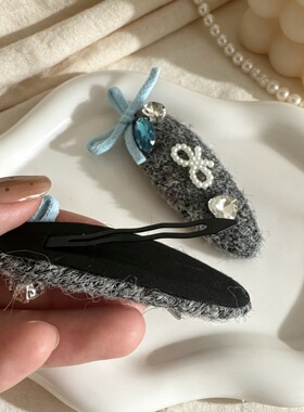 韩版手工毛呢水滴BB夹蓝色蝴蝶结水钻仿珍珠边夹秋冬小众原创发夹