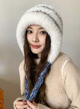 条纹拼色护耳包头帽子秋冬季新款保暖显脸小彩色系带针织毛线帽女