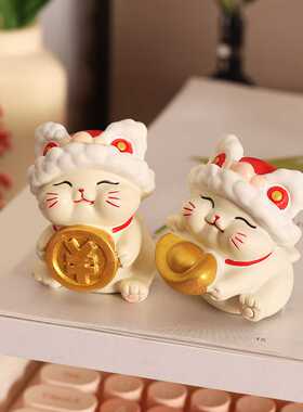 醒狮招财猫小摆件可爱创意家居办公室桌面车载装饰品摆设礼物