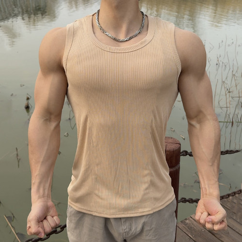 夏季运动背心男无袖T恤显大速干弹力篮球宽肩肌理训练跑步健身衣 - 图1