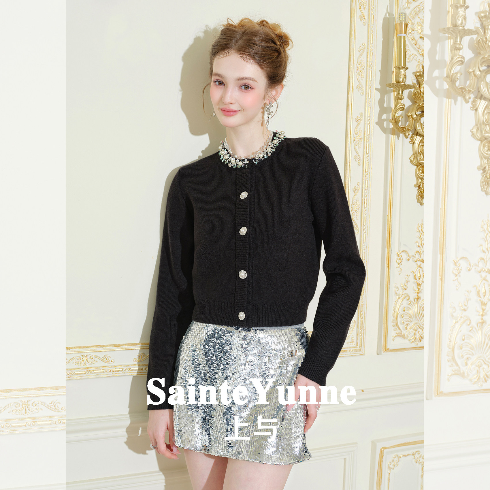 SainteYunne上与千金贵气设计感圆领钉钻毛织开衫秋冬短外套WT841,淘宝优惠券,粉丝福利购,淘宝优惠卷