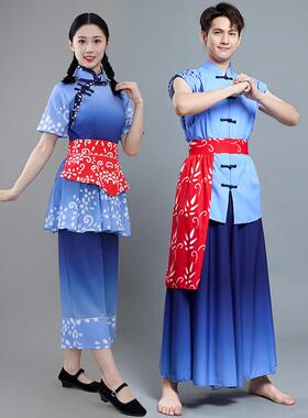 送扇子采茶舞演出舞蹈服装秧歌舞斗笠舞蹈服装女农民丰收节服装男