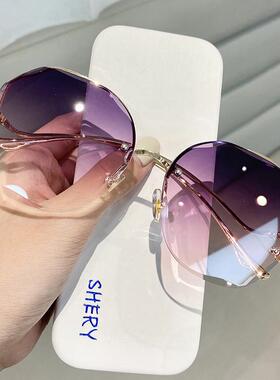 太阳镜女2025款多边形切边时尚墨镜网红韩版防紫外线无框档眼镜