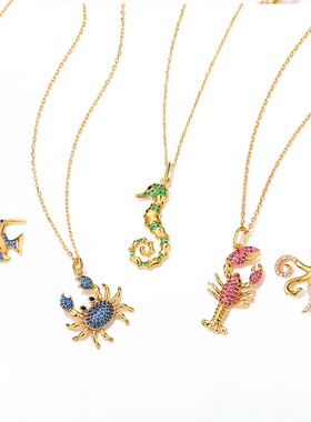 S925银渡18K金PT950铂金螃蟹蓝尖晶项链女夏日度假风吊坠巨蟹座项