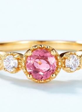 新款复古天然粉碧玺戒指女S925银渡18K金PT950铂金指环小众手饰