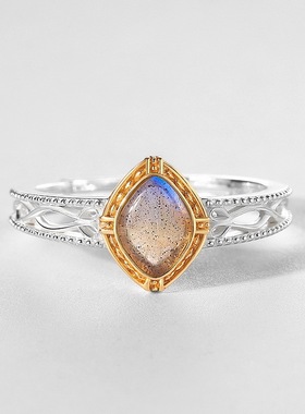 新款时尚简约拉长石戒指复古镂空花纹S925银渡18K金PT950铂金戒指