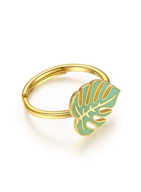 小清新滴绿油龟背竹叶子造型S925银渡18K金PT950铂金开口戒指环