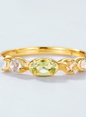 新款时间流行天然橄榄石戒指小众高级S925银渡18K金PT950铂金戒指