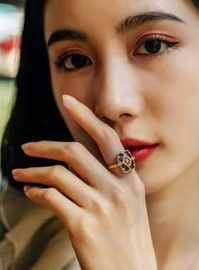 日韩复古S925银渡18K金PT950铂金戒指几何镂空蓝拉长石两戴指环