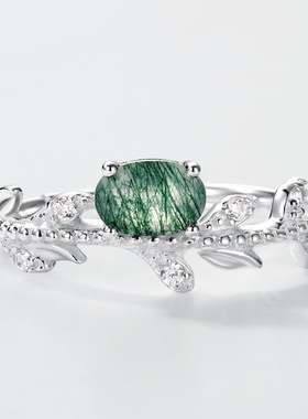 新款时尚简约橄榄枝戒指女S925银渡18K金PT950铂金镶绿苔藓指环