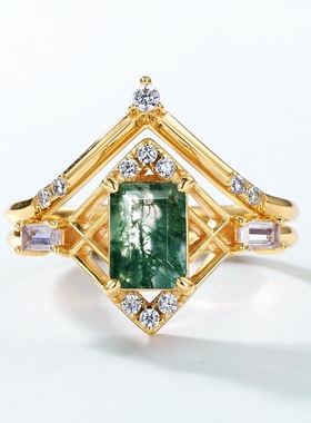 新款轻奢风天然绿苔藓石戒指S925银渡18K金PT950铂金镶嵌水草玛瑙