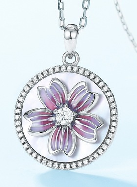 蓝色空窗珐琅花朵吊坠锁骨链气质S925银渡18K金PT950铂金白贝项链