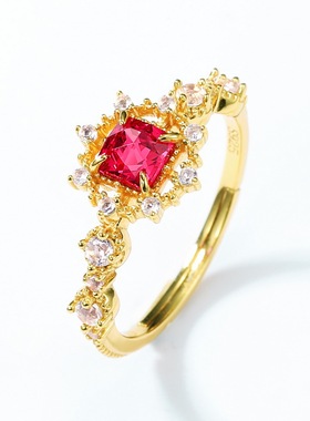 新款日系轻奢珠宝几何红刚玉戒指S925银渡18K金PT950铂金戒指复古