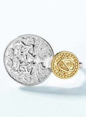 新款复古浮雕花纹硬币戒指轻奢小众S925银渡18K金PT950铂金戒指