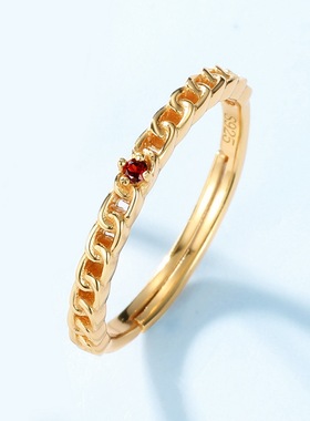 链条型戒指情侣对戒S925银渡18K金PT950铂金红石榴戒指情人节礼物