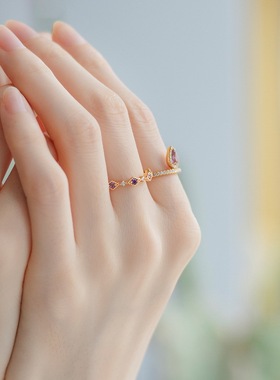 日本轻奢紫水晶菱形几何戒指女S925银渡18K金PT950铂金花冠戒指