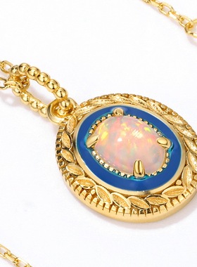 S925银渡18K金PT950铂金轻奢合成欧泊蓝色恋人吊坠精工彩宝项链女