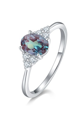 个性简约蛋形亚历山大石戒指轻奢S925银渡18K金PT950铂金戒指彩宝