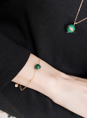 S925银渡18K金PT950铂金孔雀石圆形几何毛衣链吊坠女简约风星球体