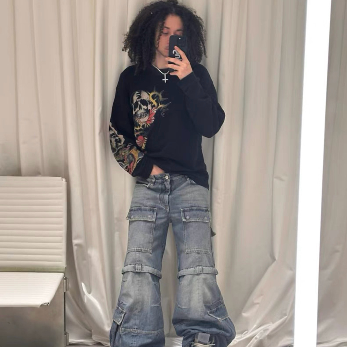 巴黎风格水洗蓝牛仔Flared Cargo做旧微喇多口袋可拆卸阔腿工装裤 - 图0