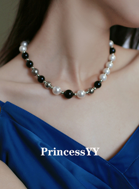 PrincessYY原创手作黑白毛衣珍珠项链女新款轻奢小众设计气质颈链