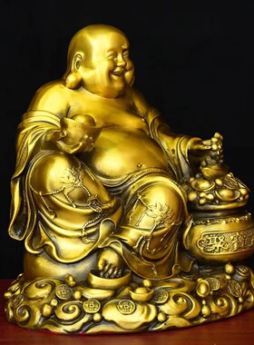黄铜大肚弥勒佛聚宝盆手托元宝坐莲笑佛菩萨神像家居玄关供奉摆件