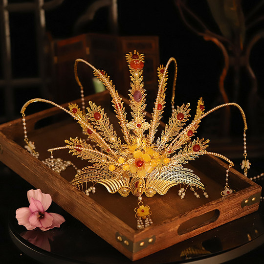 Estilo Tang gran fénix corona de fénix Hanfu vestido de novia tocados de novia accesorios para el cabello de boda corona de pelo con borla de perlas atmosféricas