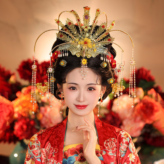 Estilo Tang gran fénix corona de fénix Hanfu vestido de novia tocados de novia accesorios para el cabello de boda corona de pelo con borla de perlas atmosféricas