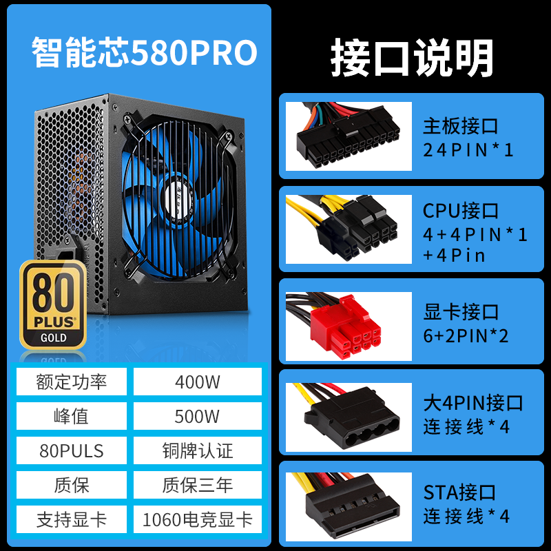 金河田智能芯680PRO 580PRO电源 500W台式机电脑主机电源额定400W-图2