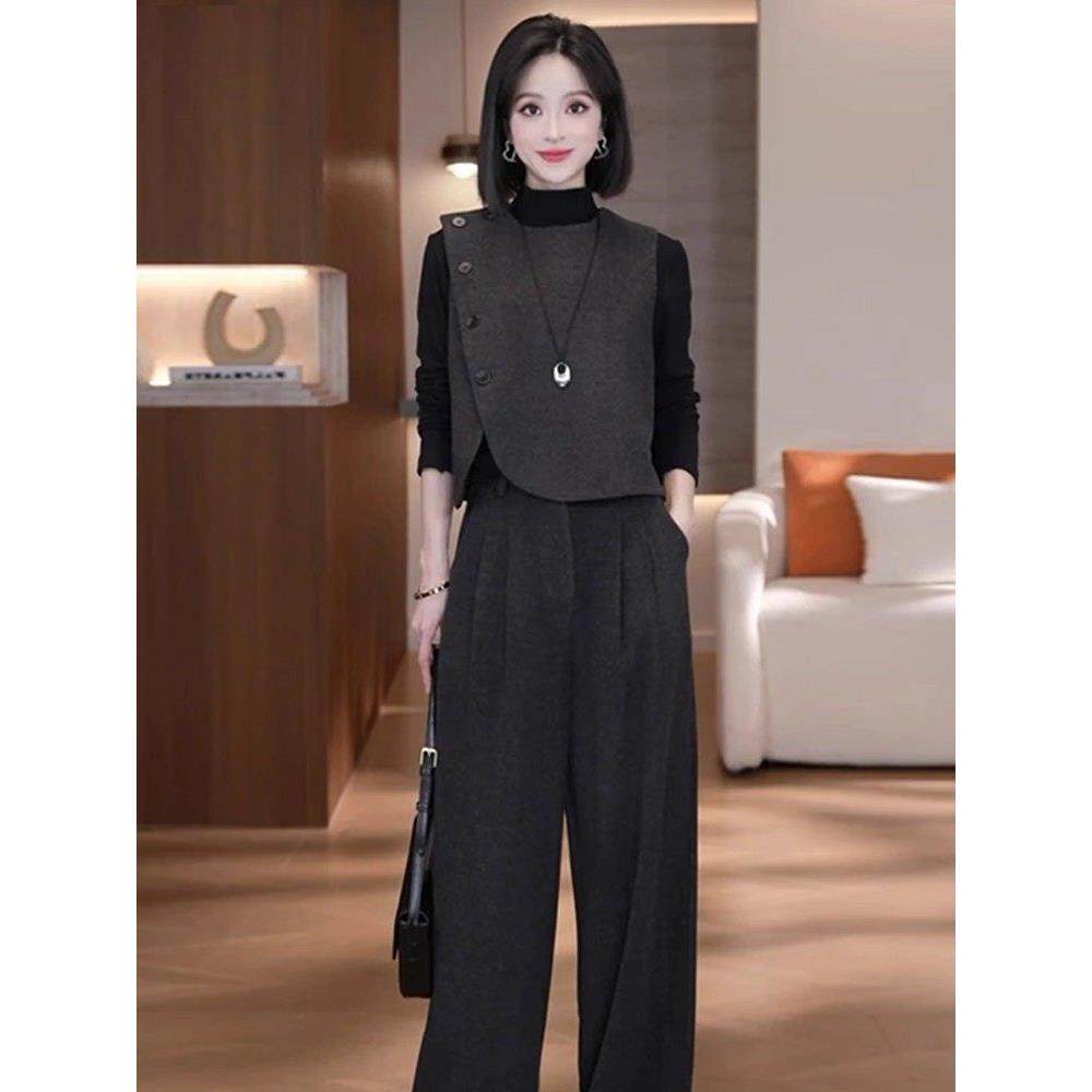 香港代购时尚套装女秋季新款时髦半高领打底衫马甲阔腿裤三件套潮,淘宝优惠券,粉丝福利购,淘宝优惠卷