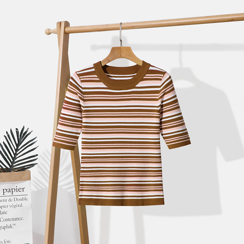 夏季新款冰丝针织五分袖圆领修身条纹半袖百搭T恤女薄外套上衣 - 图0