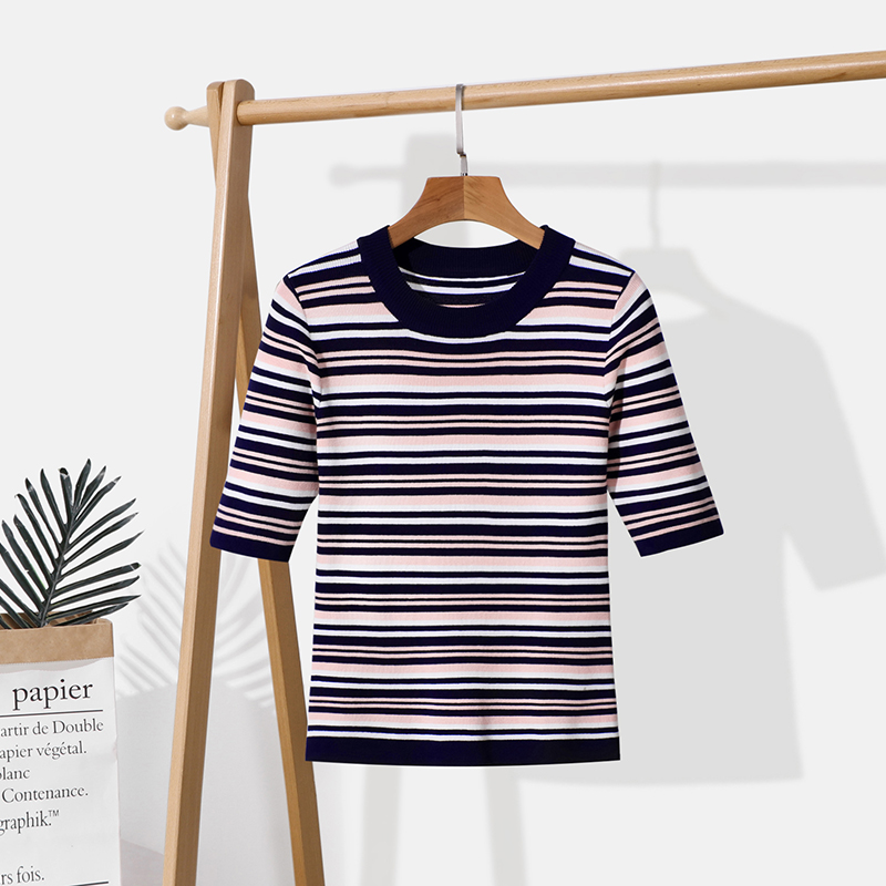 夏季新款冰丝针织五分袖圆领修身条纹半袖百搭T恤女薄外套上衣 - 图1