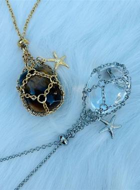 不锈钢O字炼天然水晶原石金属编织项炼网兜吊坠可调节