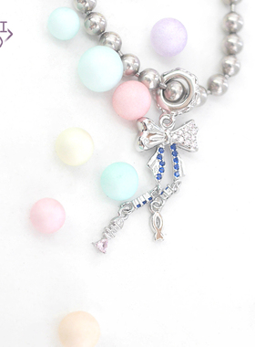 猫哩卟S925银蓝色优雅蝴蝶结链条串珠复古可爱手链礼物闺蜜首饰